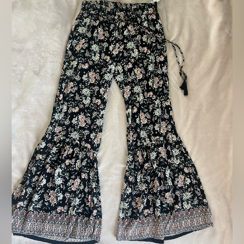 Angie Black and Cream Wide Leg Floral Flare Pants